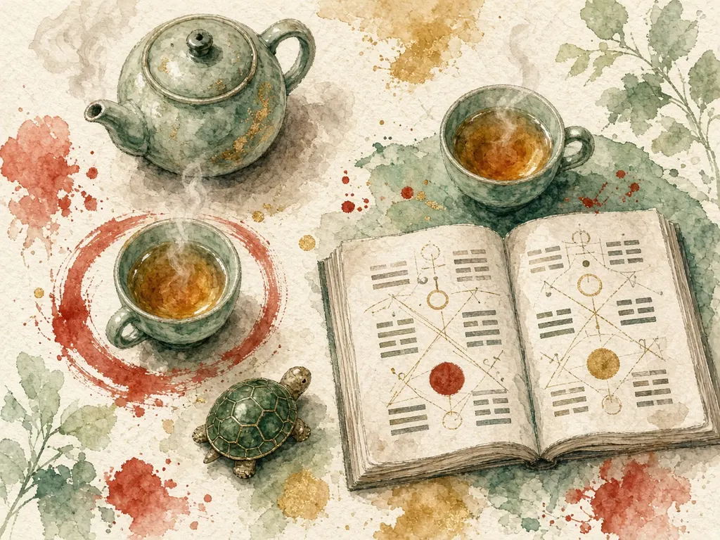 Watercolor of a tea table with two cups and an open book of trigrams