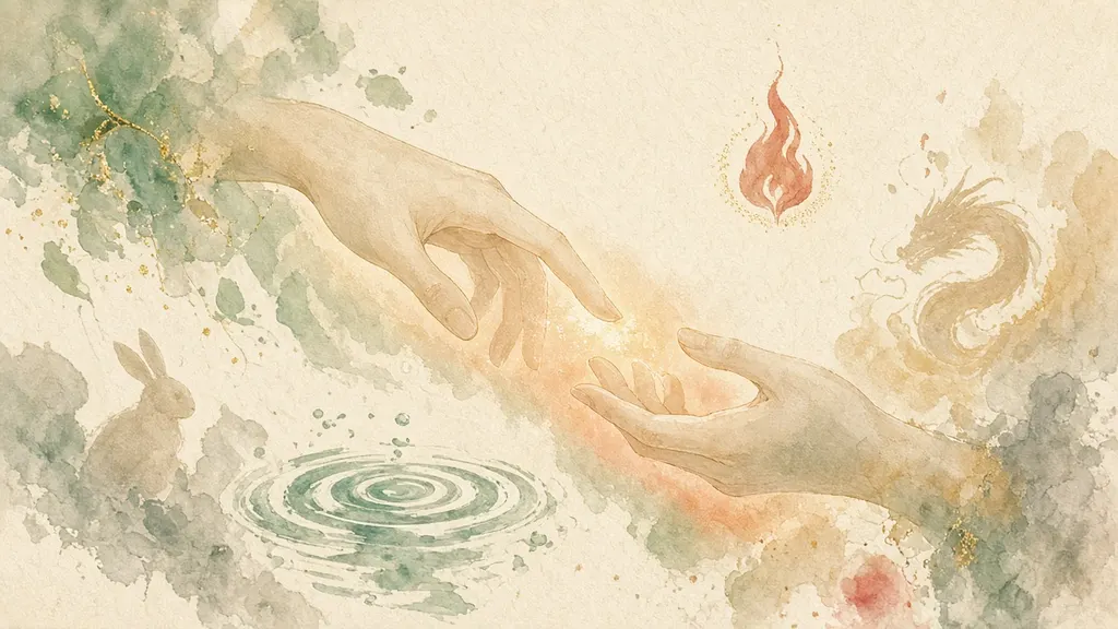 Watercolor of two hands reaching toward each other among soft element motifs