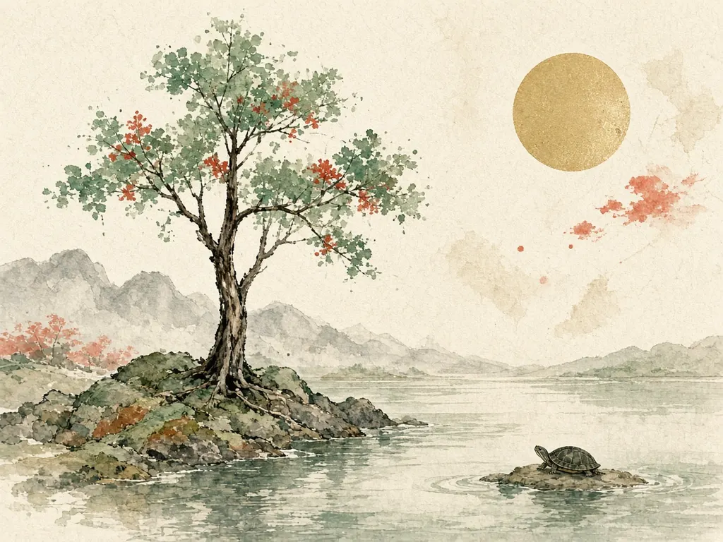 Watercolor of a tree on a rock beside a river with a small turtle